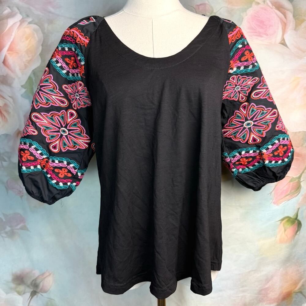 THML Black Embroidered Floral Structured Puff Sleeve Boho Shirt Top
